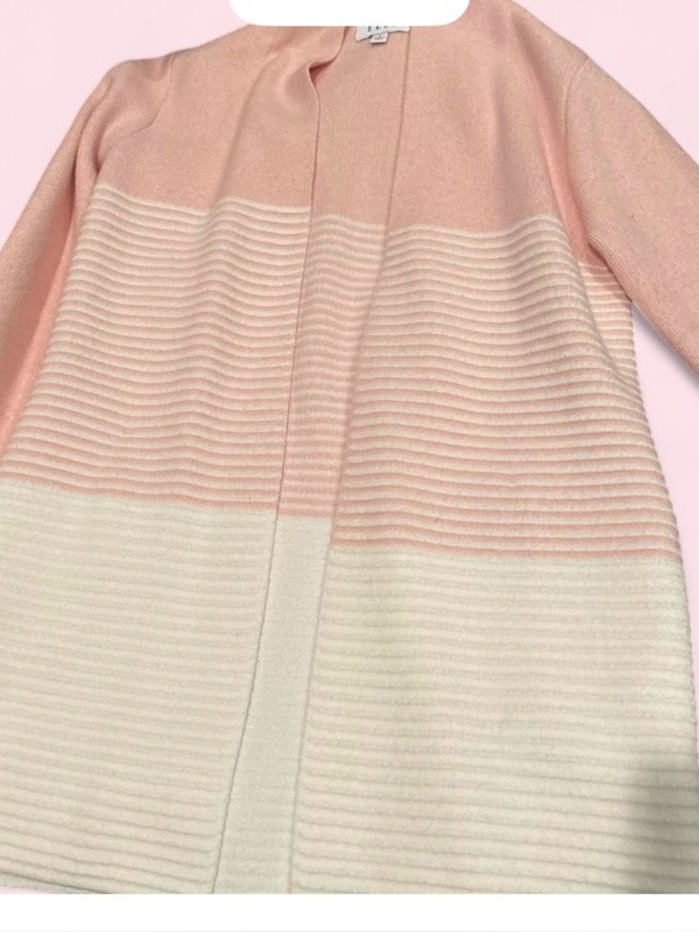 Open-Front Pink and Cream Ribbed Knit Coat